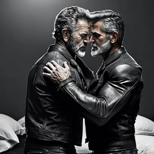 Prompt: muscled mel gibson and george clooney with beard wearing black leathers jacket and black leathers tight pants embracing and  kissing face to face laying on the bed