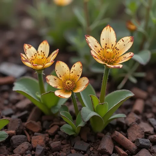 Prompt: flores de campo floreciendo  debilmente desde una tierra  fuertemnete cubierta por virutas de hierro oxidadas y restos  industriales. como placas de diamantina con una patina de oxido las flores tienen marca de oxido como si lo hubierna abosorbido
