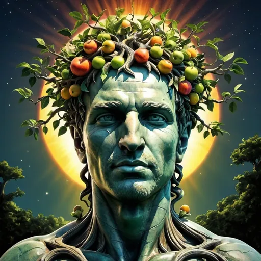 Prompt: (fantasy art), statue of a (fruitful tree) emerging from the face of a (man), intricately detailed roots, glowing (sun) on forehead,  lush foliage and vibrant fruit, whimsical atmosphere, dreamlike quality, high depth color tones, dramatic contrasts, (ultra-detailed)