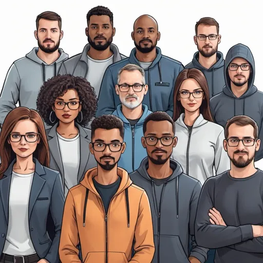 Prompt: A cartoon image of a dynamic diverse cyber security team mixed with engineers architects hackers leaders and compliance not so professional looking in casual clothes
