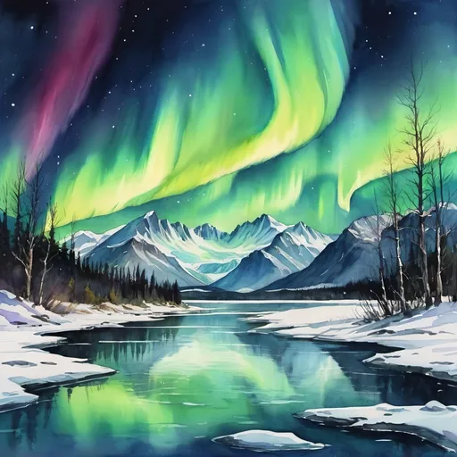 Prompt: aurora borealis by water color