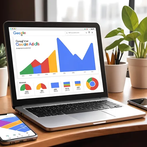 Prompt: A vibrant image featuring a laptop or smartphone displaying a Google Ads dashboard with colorful graphs and charts representing successful campaign metrics.
Overlay text: "Boost Your Business with Google Ads"
Include the Google Ads logo prominently in the corner.