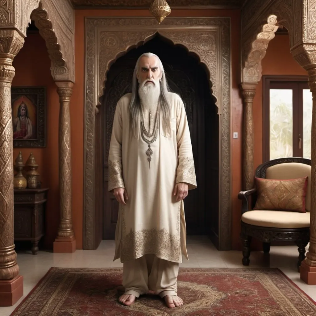 Prompt: Saruman, in full body, in photorealistic style, but he is wearing indain outfit, in the middle of a heavily indian decorated house.
