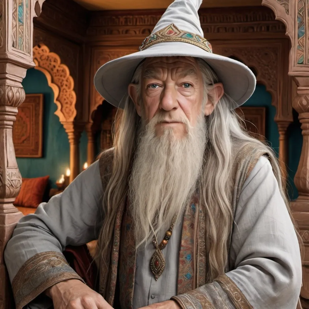 Prompt: Gandalf, in photorealistic style, but he is wearing indain outfit, in the middle of a heavily indian decorated house.
