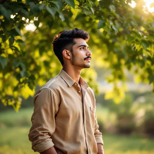 Prompt: A young man stands contemplatively beneath a lush green tree, framed by a vibrant outdoor setting where the soft glow of sunlight filters through the leaves. His expressive profile features a neatly styled hairstyle and a subtle mustache, conveying a calm and reflective mood. Dressed in a light brown and cream striped shirt, he blends harmoniously with the natural surroundings, while his hands rest casually in his pockets, adding an air of relaxed confidence. The background showcases a gentle carpet of grass, hinting at a serene and tranquil atmosphere, perfect for moments of introspection. The warm lighting enhances the overall inviting feel of the scene, suggesting a peaceful afternoon.