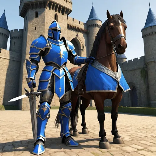 Prompt: A Alliance Paladin wearing blue armor with a big sword standing next to an armored horse outside of  castle
