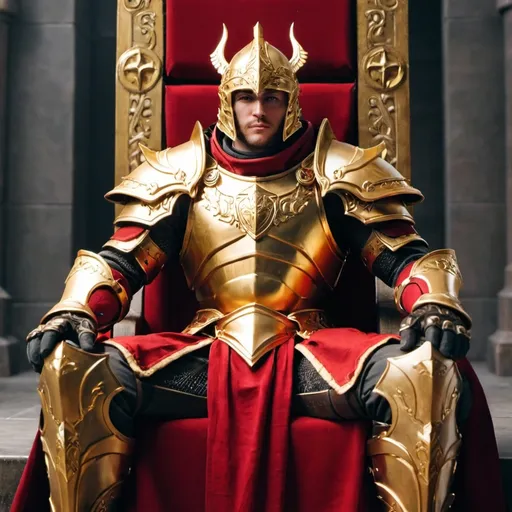 Prompt: alliance paladin wearing gold and red armor sitting on a throne
