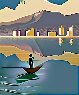 Prompt: a man standing on a boat in front of a lake and mountains in the background with a city in the distance, Abdullah Gërguri, dau-al-set, city background, a picture