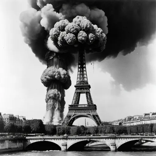 Prompt: A high-powered atomic bomb explodes on the Seine in front of the Eiffel Tower in Paris, panoramic view