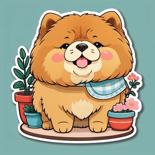 Prompt: Create character that is shy kawaii japanses style for chow chow, that love living, adorable and whimsical appearance, surrounded by a lovely cute room, cozy atmosphere, playful accessories and items, soft furniture, colorful decorations, vibrant expressions, inviting background elements engaging and charming layout, high-quality illustration, meticulous details, relaxing vibe.