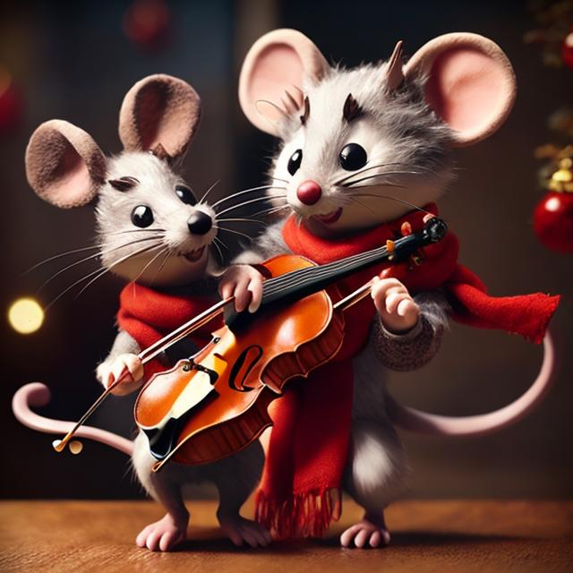 Prompt: Cute mouse playing violin with red scarf, big ears, detailed fur, adorable expression, cozy atmosphere, high quality, detailed, realistic, warm lighting, cute, charming, musical, detailed fur, cozy, heartwarming, small, furry, heartwarming lighting