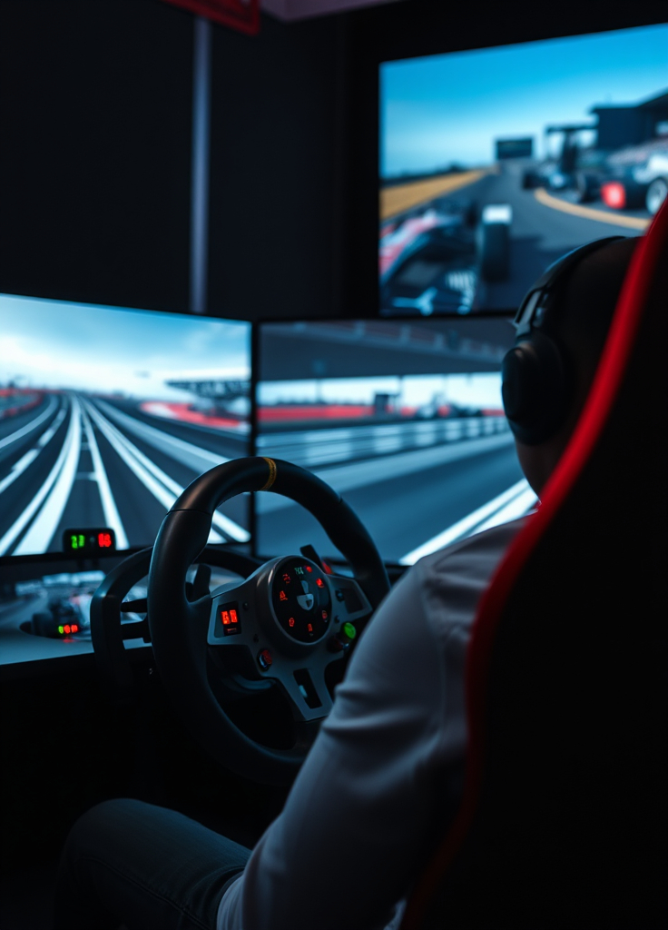 Prompt: create an image of a person in an F1 game simulator, where that simulator has an F1 steering wheel and show that it has the monitors