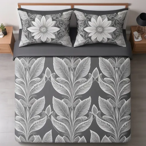 Prompt: Bed sheet design, double bed size, two-color printing, floral pattern, intricate details, high quality, symmetrical design, elegant, monochrome, seamless pattern, detailed petals and leaves, modern, chic, minimalist, large scale design, artistic, premium quality, luxury, soft and muted tones, refined