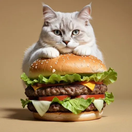 Prompt: A burger with only meat and lettuce. Also, add a cat inbetween the buns and the lettuce.