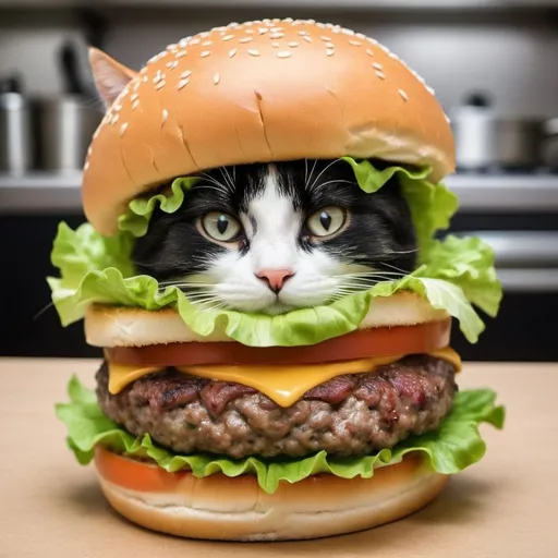 Prompt: A burger with only meat and lettuce. Also, add a cat inbetween the buns and the lettuce.