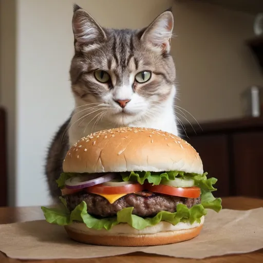 Prompt: I want a simple plain burger with meat and salad and onion and add a cat 