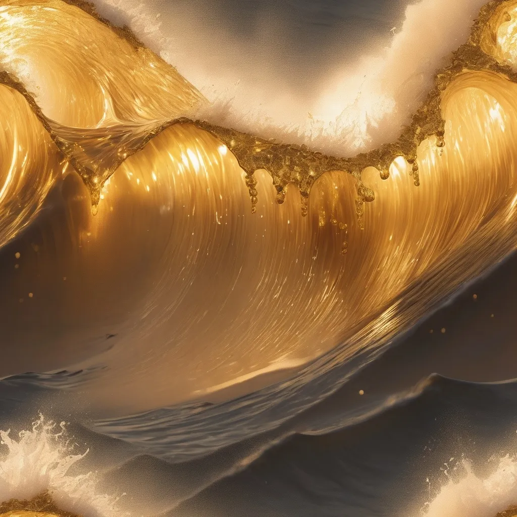 Prompt: Display a wave made entirely of molten gold wave crashing on a diamond jewel covered beach