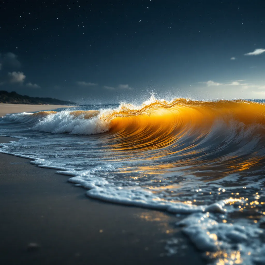 Prompt: Display a liquid gold wave crashing on a silver beach