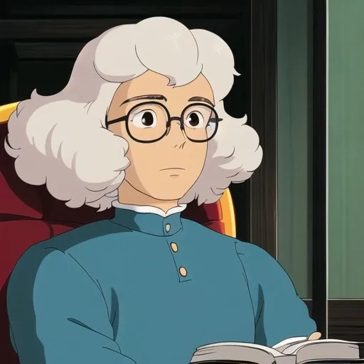 Prompt: A quiet young man with curly white hair and round glasses. He looks like an intelligent person. 