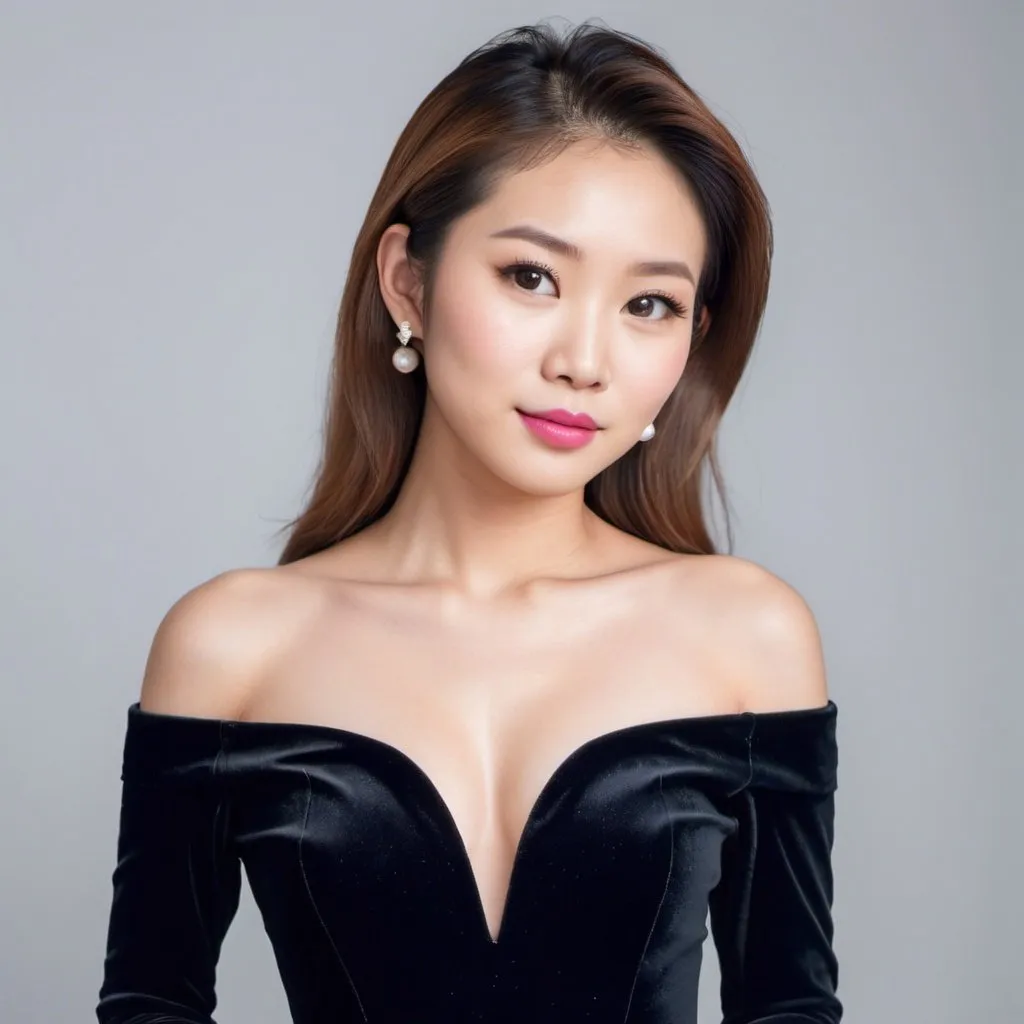 Prompt: A beautiful Asian woman wearing a tight, slim fit, black velvet gown, chest covered, full sleeves, slim body, in her early 20s, pearl ornaments, a billionaire, modern,  full dress capture, on a mannequin, fair skin, light pink lipstick, fair skin, whole upper body covered, hair done down