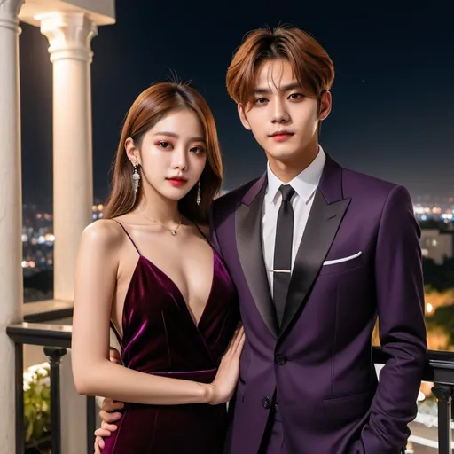 Prompt: a brown-haired guy, tall, very very very handsome, 25 years old, wearing a very expensive black suit, Taehyung, mafia king, trillionaire, toned body,  standing on the balcony of his trillion dollar mansion, at night, protectively and lovingly holding the waist of a very gorgeous Korean girl, she is 24 years old, she looks like Jisoo, wearing her dark purple velvet  gown, with delicate yet dominant emerald ornaments, slender figure, fair skin, a little shorter than him, smiling lovelily