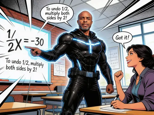 Prompt: @cSPApvlRKrp9h25xZt5z Comic panel: DJ Rob says “To undo 1/2, multiply both sides by 2!” as he points to the equation “1/2X = -30” on a glowing board. Mariella Maze replies “Got it!” while solving for X. Marvel comic style, bold outlines, dynamic lighting, vivid colors, heroic math classroom scene.