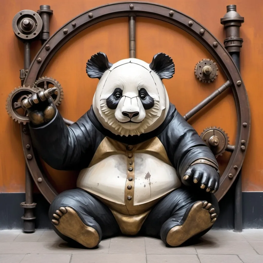 Prompt: panda,maiale e carlino, in stile bansky che calcano un palcoscenico di teatro steampunk