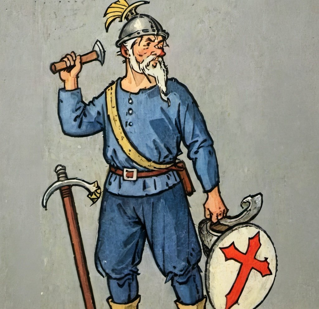 Prompt: a man in a medieval costume holding a large axe and a helmet on his head and a sword in his hand, Barthel Bruyn the Elder, antipodeans, medieval, a character portrait