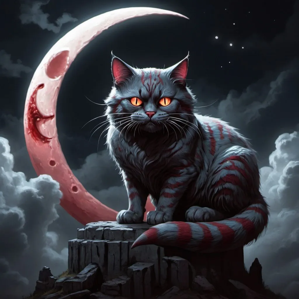 Prompt: Fantasy, dark, horro, 4k, detailed, high quality,masterpiece, oil paint,Clouds,digital concept art,digital illustration,cheshire,blood cat sitting inside of a crescent moon

