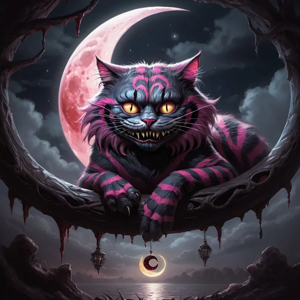Prompt: Fantasy, dark, horro, 4k, detailed, high quality,masterpiece, oil paint,Clouds,digital concept art,digital illustration,cheshire,blood cheshire cat sitting inside of a crescent moon


