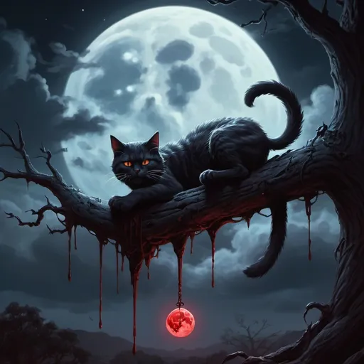 Prompt: Fantasy, dark, horro, 4k, detailed, high quality,masterpiece, oil paint,night moon,Clouds,digital concept art,digital illustration,cheshire,bloody,cat is hanging haead down from  a brench
