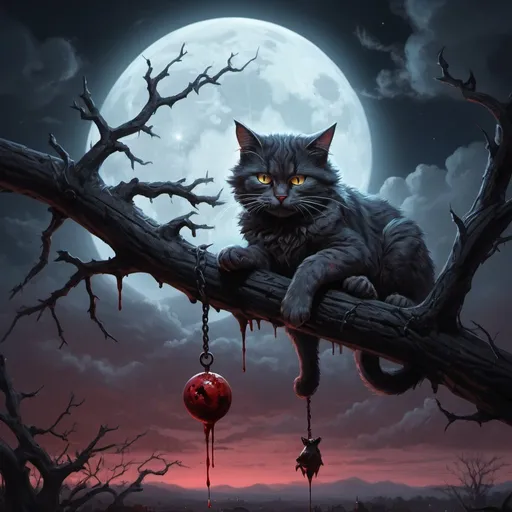 Prompt: Fantasy, dark, horro, 4k, detailed, high quality,masterpiece, oil paint,night moon,Clouds,digital concept art,digital illustration,cheshire,bloody,cat is hanging haead down from  a brench
