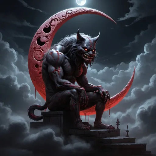 Prompt: Fantasy, dark, horro, 4k, detailed, high quality,masterpiece, oil paint,Clouds,digital concept art,digital illustration,cheshire,blood cheshire sitting inside of a crescent moon

