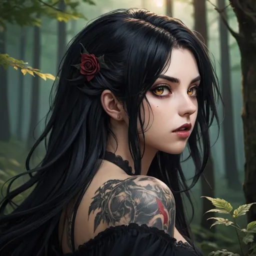 Prompt: anime,female,vampire,black hair,golden eyes, long weavy hair,4k ,detailed,tattoo,high quality,forest background