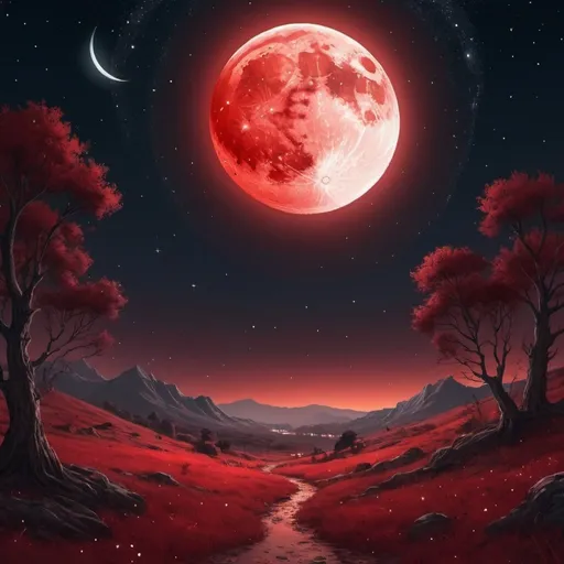 Prompt: masterpiece, 4k, hd , detailed, art , digital art, digital illustration, Crecent moon red glow, Night sky with stars