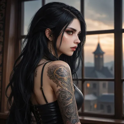Prompt: fantasy,anime,vampire,girl, black hair,golden eyes,high quality, very detailed,4k ,hd, long weavy hair,detailed, looking over shoulder,masterpiece,tattoo,wearing leather,window in background

