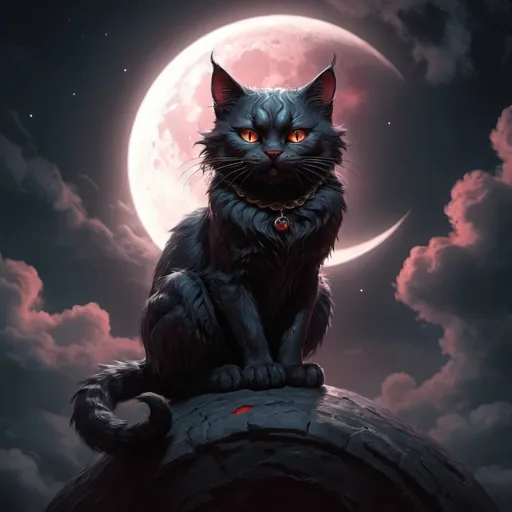 Prompt: Fantasy, dark, horro, 4k, detailed, high quality,masterpiece, oil paint,Clouds,digital concept art,digital illustration,cheshire,bloody cat  sitting in a crescent moon

