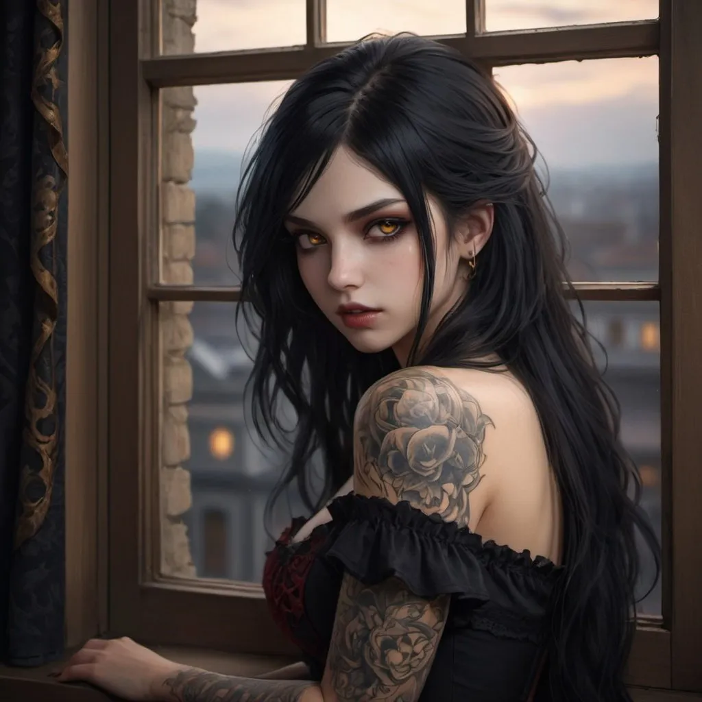 Prompt: fantasy,anime,vampire,girl, black hair,golden eyes,high quality, very detailed,4k ,hd, long weavy hair, looking out of a window,masterpiece,tattoo,smirk