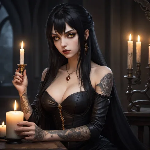 Prompt: fantasy,anime,vampire,girl, black hair,golden eyes,high quality, very detailed,4k ,hd, long hair,detailed, ,masterpiece, holding a candle,tattoo,sitting,wearing leather

