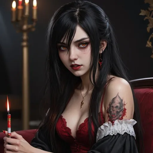 Prompt: fantasy,anime,vampire,girl, black hair,golden eyes,high quality, very detailed,4k ,hd, long hair,detailed, ,masterpiece, holding a red cigarette,tattoo,smirk,blood,sitting

