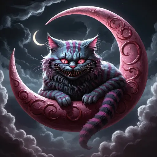 Prompt: Fantasy, dark, horro, 4k, detailed, high quality,masterpiece, oil paint,Clouds,digital concept art,digital illustration,cheshire,blood cheshire cat sitting inside of a crescent moon

