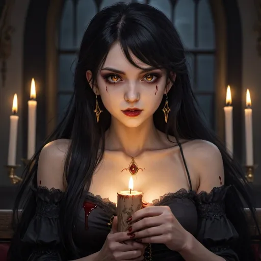 Prompt: fantasy,anime,vampire,girl, black hair,golden eyes,high quality, very detailed,4k ,hd, long hair,detailed, ,masterpiece, holding a candle,tattoo,smirk,blood,sitting

