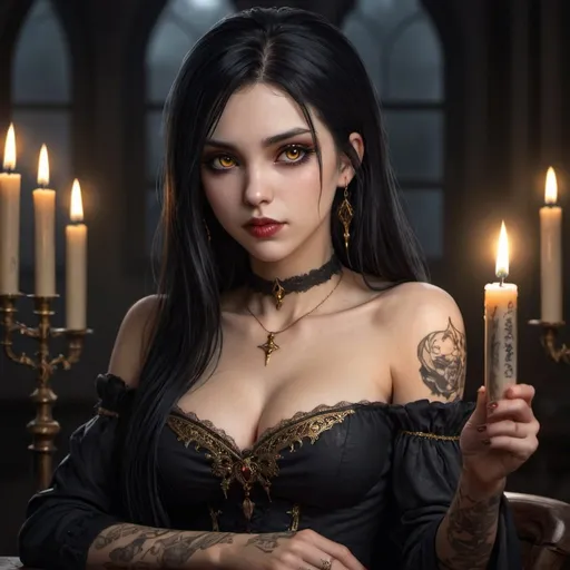 Prompt: fantasy,anime,vampire,girl, black hair,golden eyes,high quality, very detailed,4k ,hd, long hair,detailed, ,masterpiece, holding a candle,tattoo,smirk,sitting

