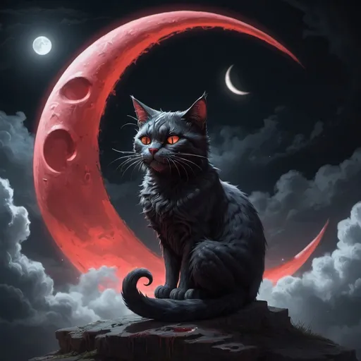 Prompt: Fantasy, dark, horro, 4k, detailed, high quality,masterpiece, oil paint,Clouds,digital concept art,digital illustration,cheshire,bloody cat  sitting inside a crescent moon


