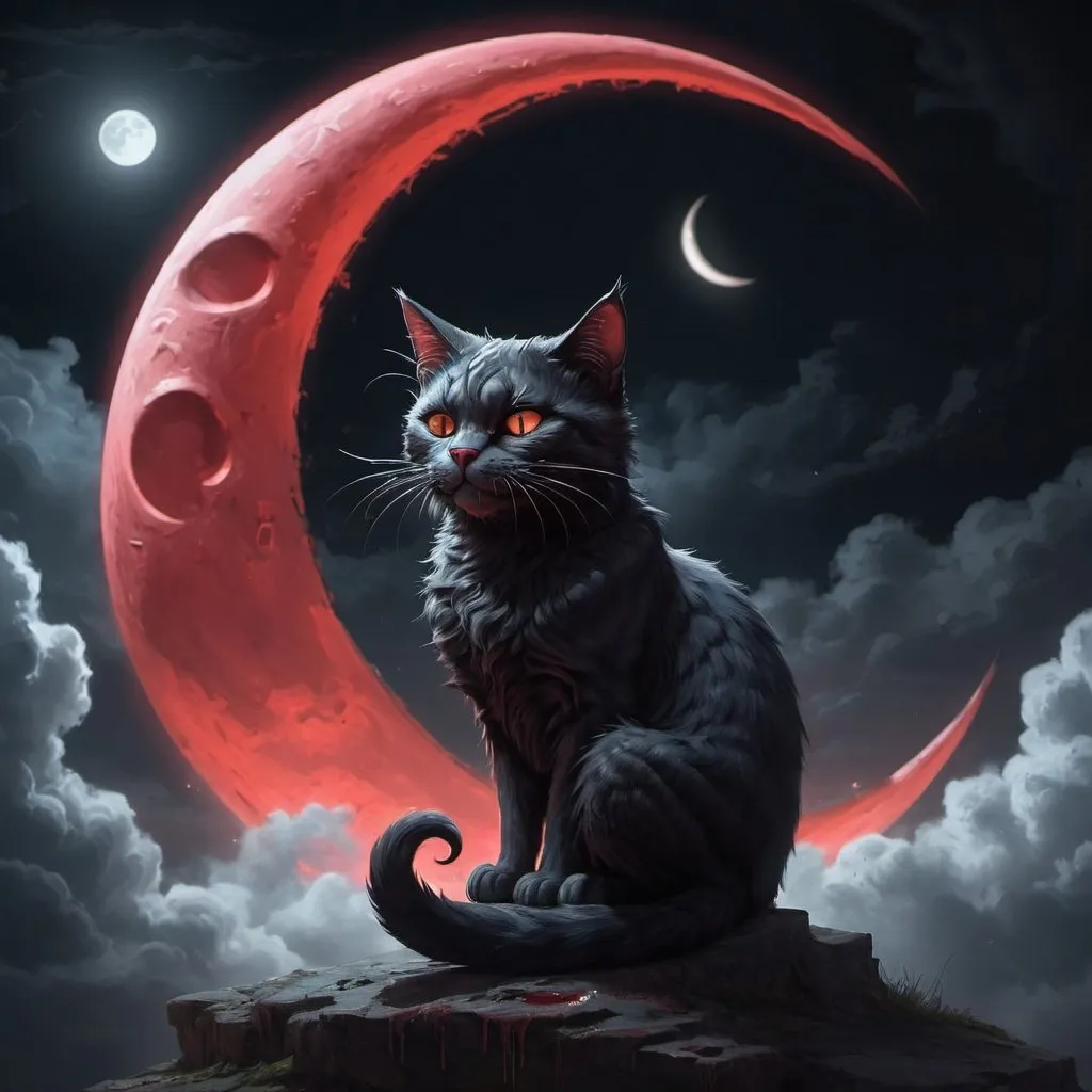 Prompt: Fantasy, dark, horro, 4k, detailed, high quality,masterpiece, oil paint,Clouds,digital concept art,digital illustration,cheshire,bloody cat  sitting inside a crescent moon

