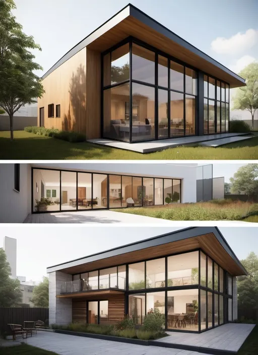 Prompt: Generate detailed visual concepts for a compact urban home focusing on efficient use of space and eco-friendly materials. The design should include technical specifications such as dimensions and materials, suited for direct implementation in SketchUp. Provide floor plans and elevations with a modern aesthetic, incorporating elements such as a green roof, solar panels, and large glass windows for natural lighting. Ensure all designs conform to typical building codes and practices for urban residential constructions