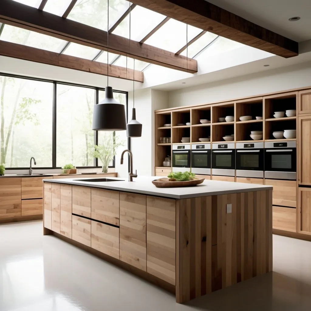 Prompt: Generate a series of visual concepts for a modern, eco-friendly residential kitchen, emphasizing natural light and sustainable materials. Include variations based on contemporary, minimalist, and rustic design themes