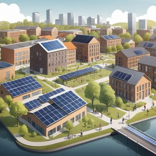 Prompt: Ilustration of a city with community energy. Town hall and school have solar panels and the energy go to the waste water plant and osther city buildings.