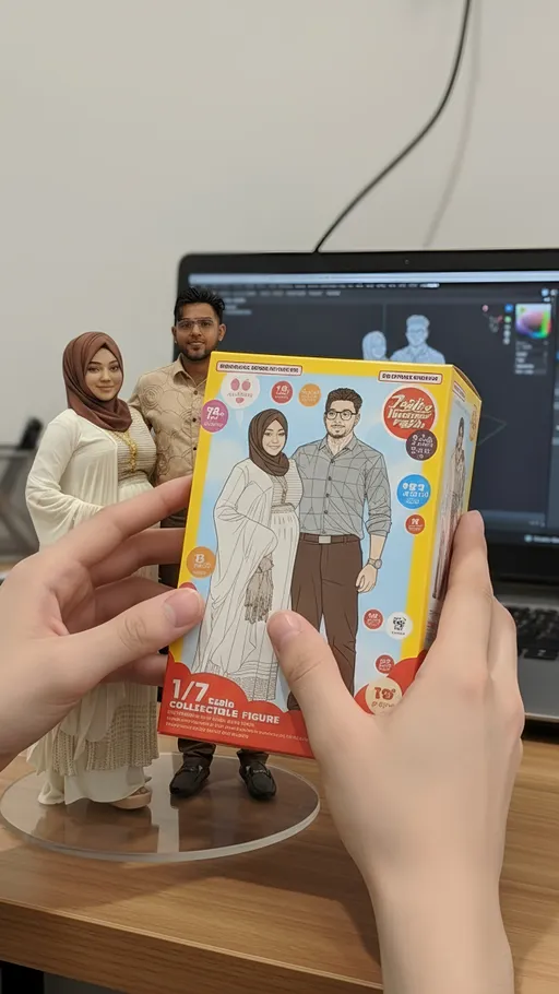 Prompt: Nure two hand gently pick up the figure on the frame and rotate it slightly for inspection. The model in the packaging box remain stationary, while all other background elements stay unchanged.
