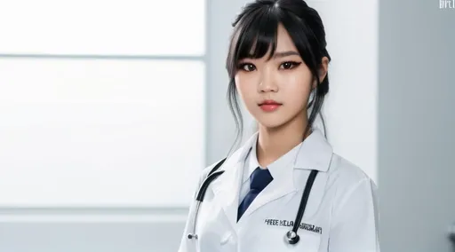 Prompt: Realistic Photograph. 21-year-old woman, asian look with long, wavy black hair with side swept bangs and glowing black eyes. Wearing doctor uniform. She has asian skin. She resembles Lisa Blackpink.